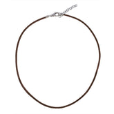Adjustable brown leather cord necklace with sterling silver clasp and extension chain.